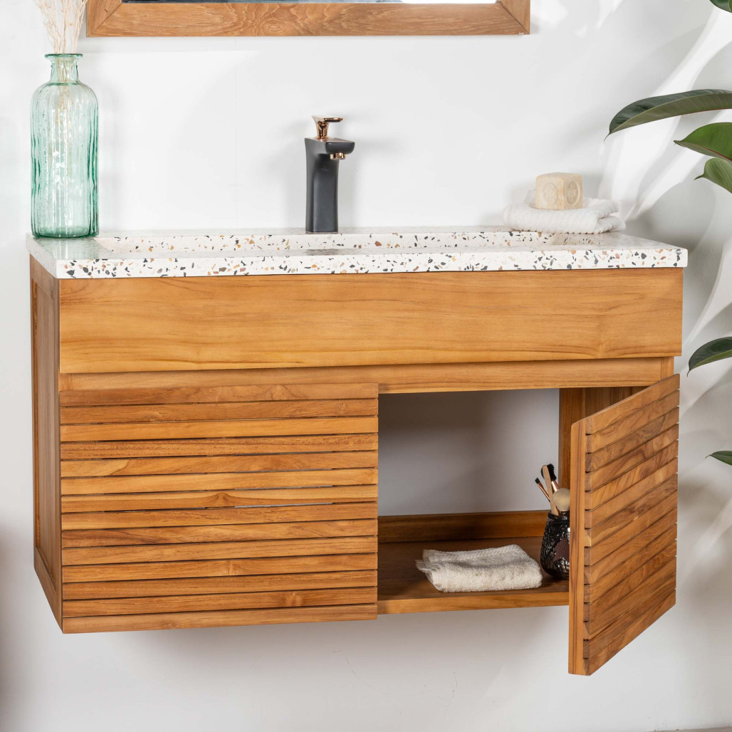 Mueble de baño en teca y terrazo crema Aktual 90cm - Baño - Wanda collection