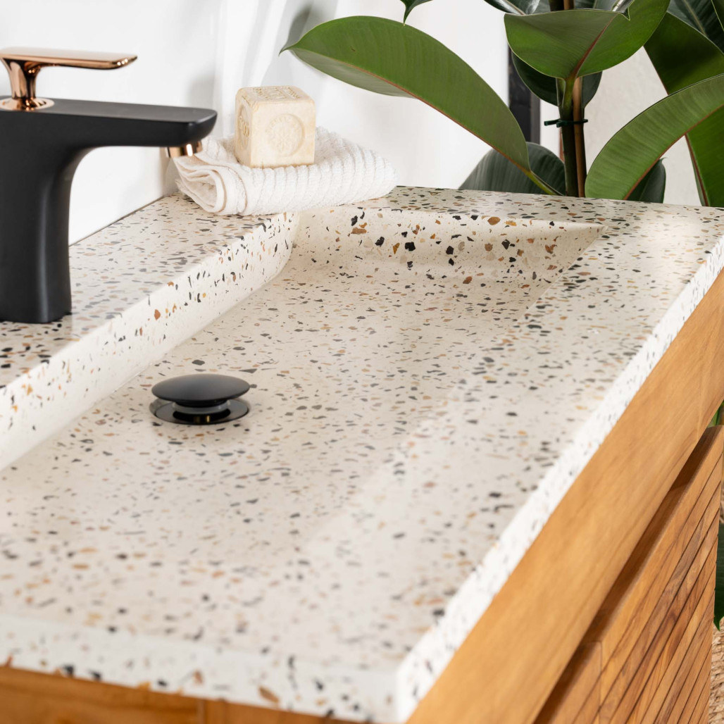 Mueble de baño en teca y terrazo crema Aktual 90cm - Baño - Wanda collection