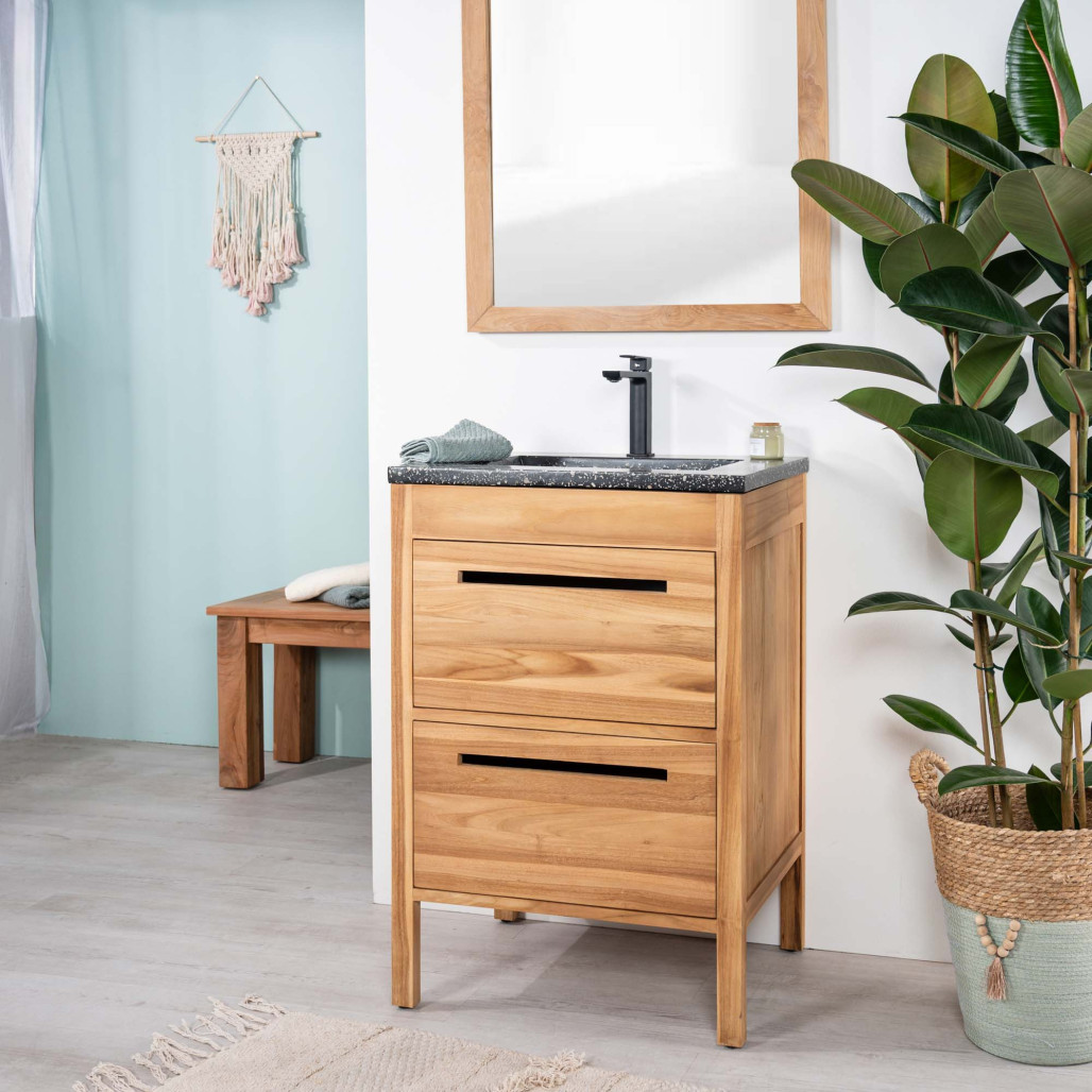 Mueble de baño en teca y terrazo negro Sira 60cm - Baño - Wanda collection