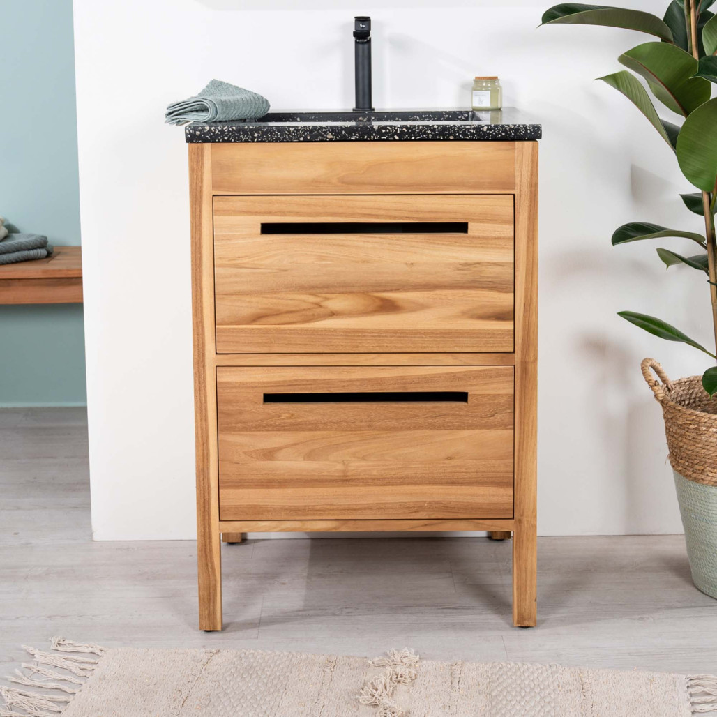 Mueble de baño en teca y terrazo negro Sira 60cm - Baño - Wanda collection