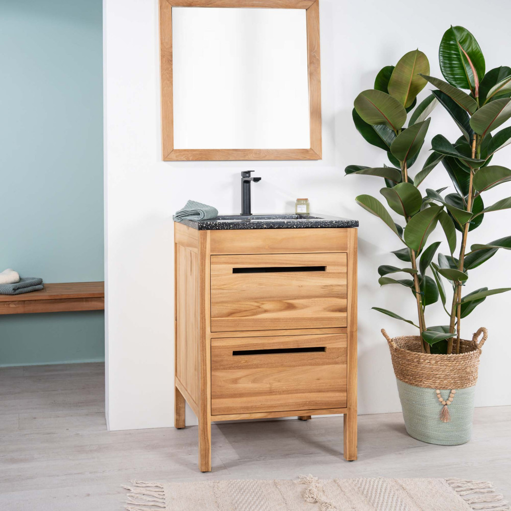 Mueble de baño en teca y terrazo negro Sira 60cm - Baño - Wanda collection