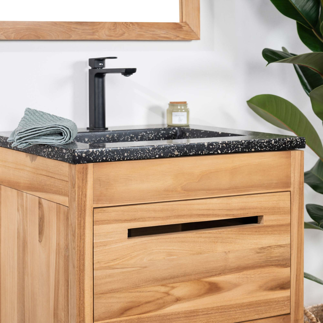 Mueble de baño en teca y terrazo negro Sira 60cm - Baño - Wanda collection