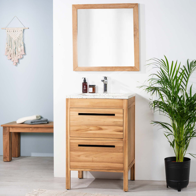 Mueble de baño en teca y terrazo crema Sira 60cm