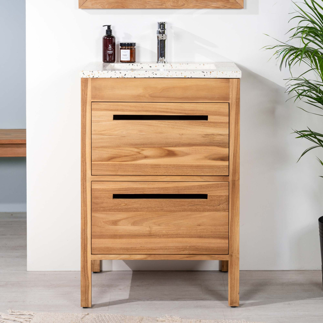 Mueble de baño en teca y terrazo crema Sira 60cm - Baño - Wanda collection