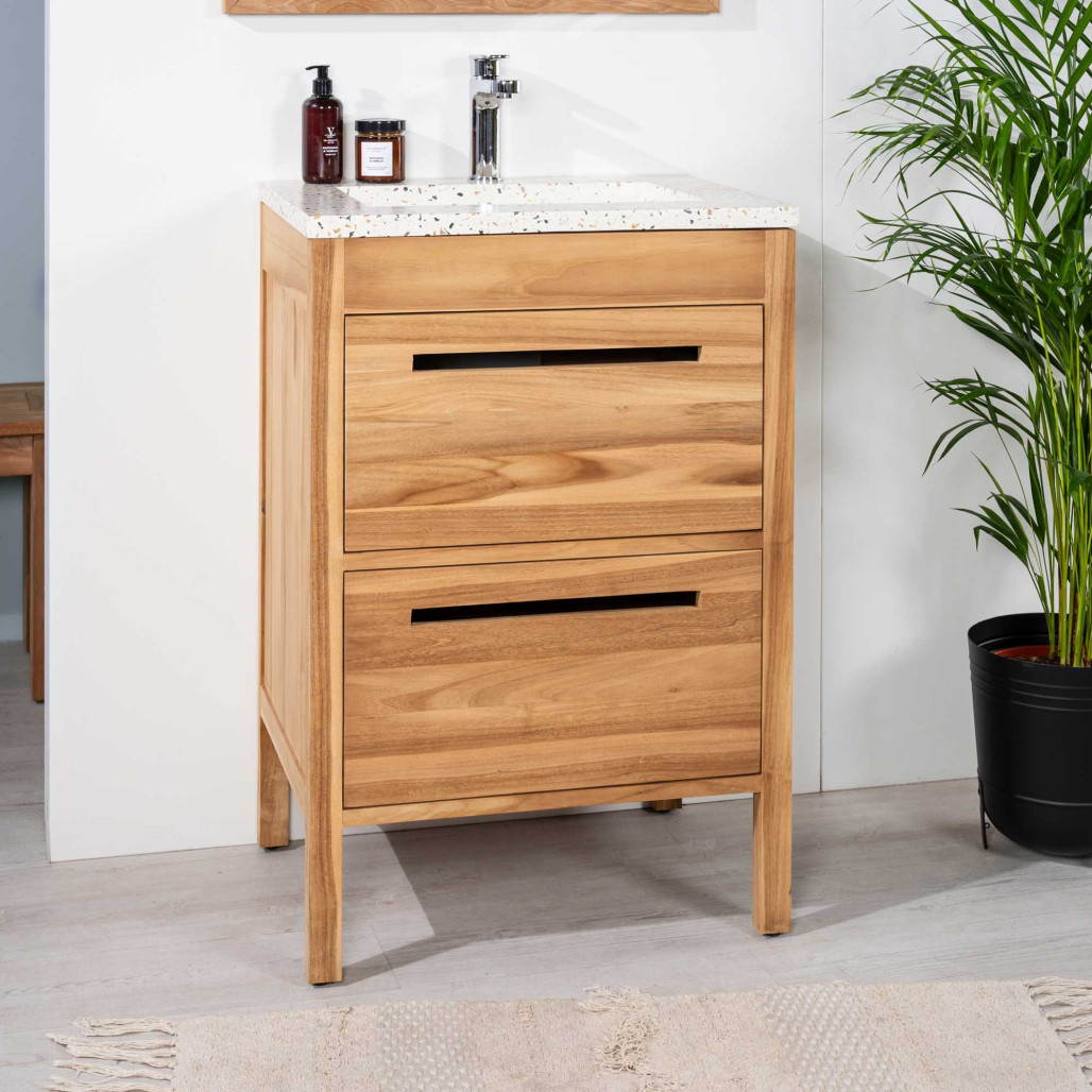 Mueble de baño en teca y terrazo crema Sira 60cm - Baño - Wanda collection