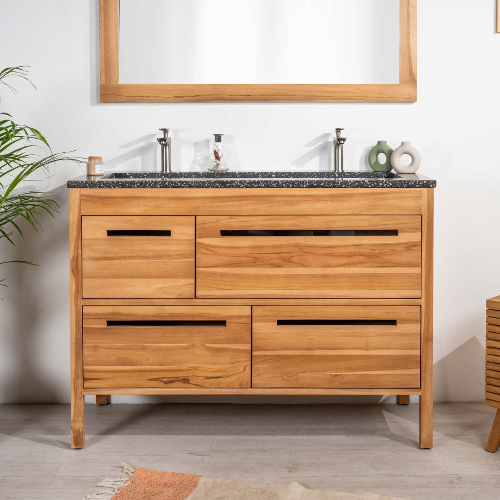 Mueble de baño en teca y terrazo negro Sira 120cm - Wanda collection Mueble de baño en teca y terrazo negro Sira 120cm - Wanda collection