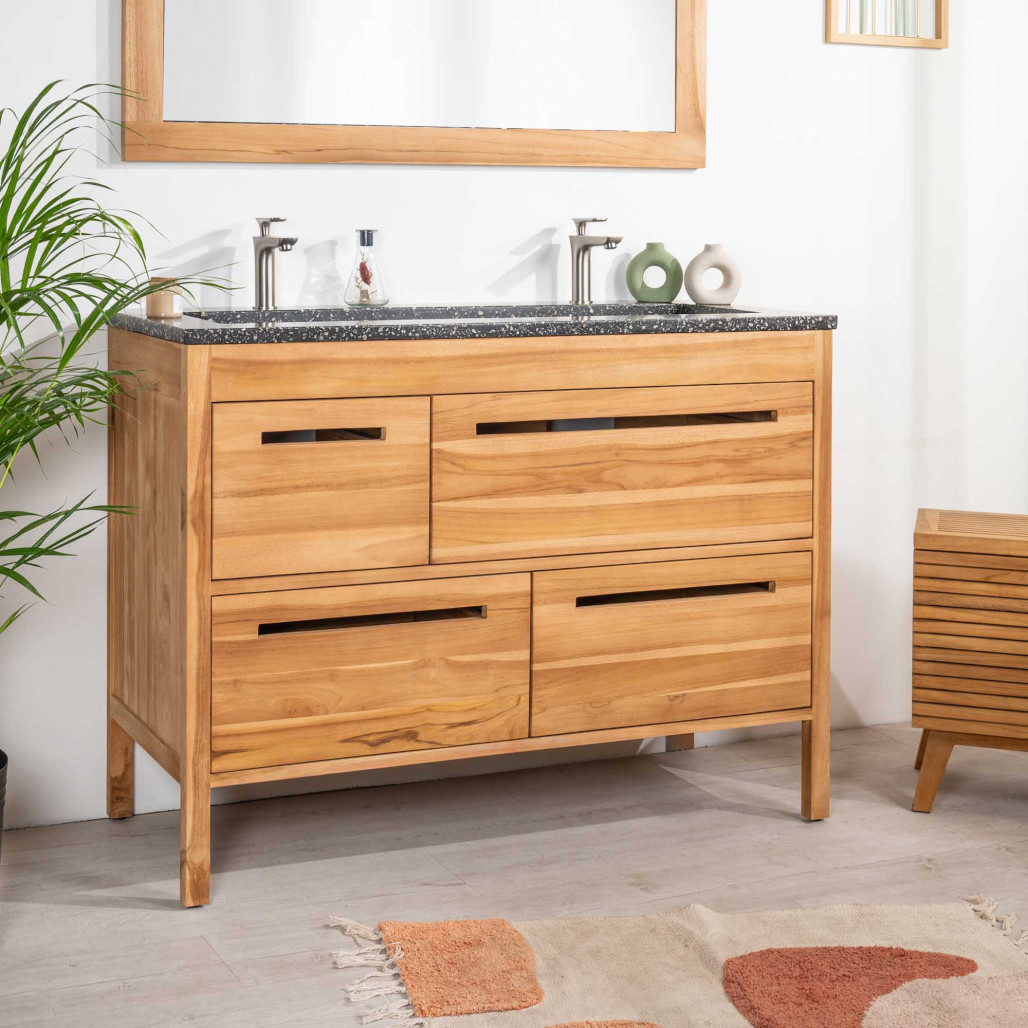 Mueble de baño en teca y terrazo negro Sira 120cm - Wanda collection Mueble de baño en teca y terrazo negro Sira 120cm - Wanda collection