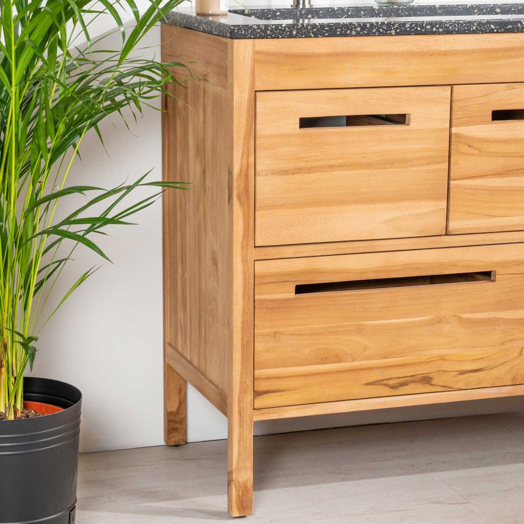 Mueble de baño en teca y terrazo negro Sira 120cm - Wanda collection Mueble de baño en teca y terrazo negro Sira 120cm - Wanda collection