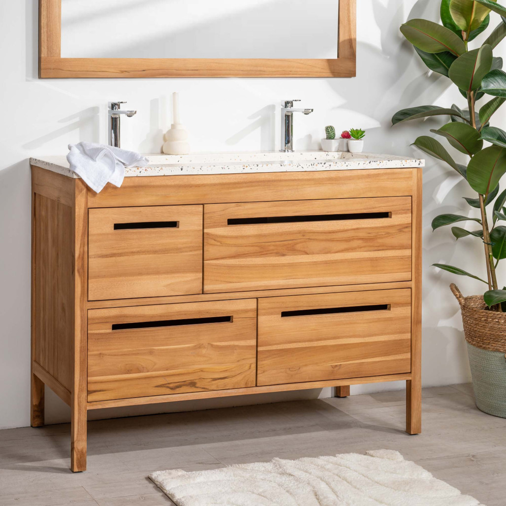 Mueble de baño en teca y terrazo crema Sira 120cm - Wanda collection