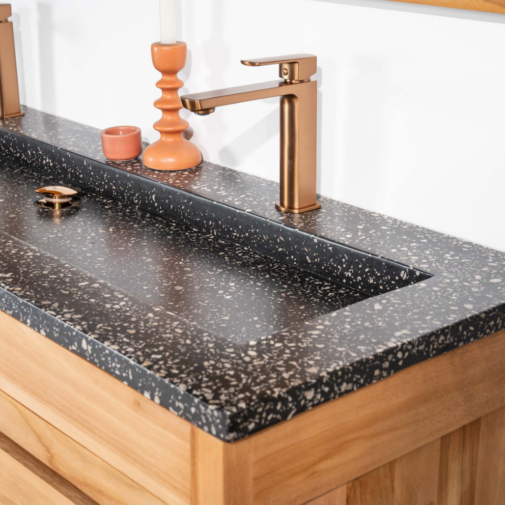 Mueble de baño en teca y terrazo negro Sira 140cm - Wanda collection Mueble de baño en teca y terrazo negro Sira 140cm - Wanda collection