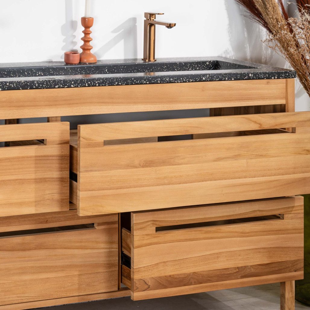 Mueble de baño en teca y terrazo negro Sira 140cm - Wanda collection Mueble de baño en teca y terrazo negro Sira 140cm - Wanda collection