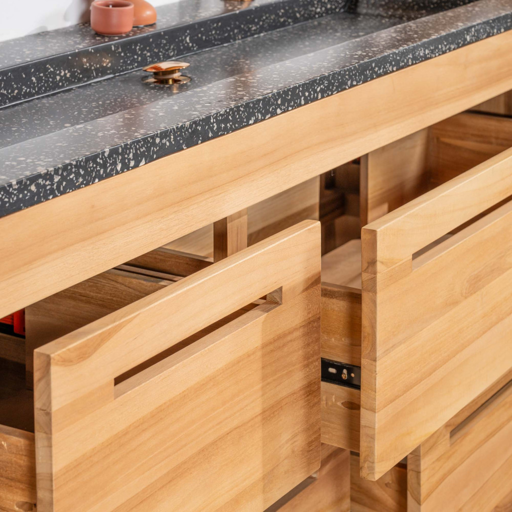 Mueble de baño en teca y terrazo negro Sira 140cm - Wanda collection Mueble de baño en teca y terrazo negro Sira 140cm - Wanda collection