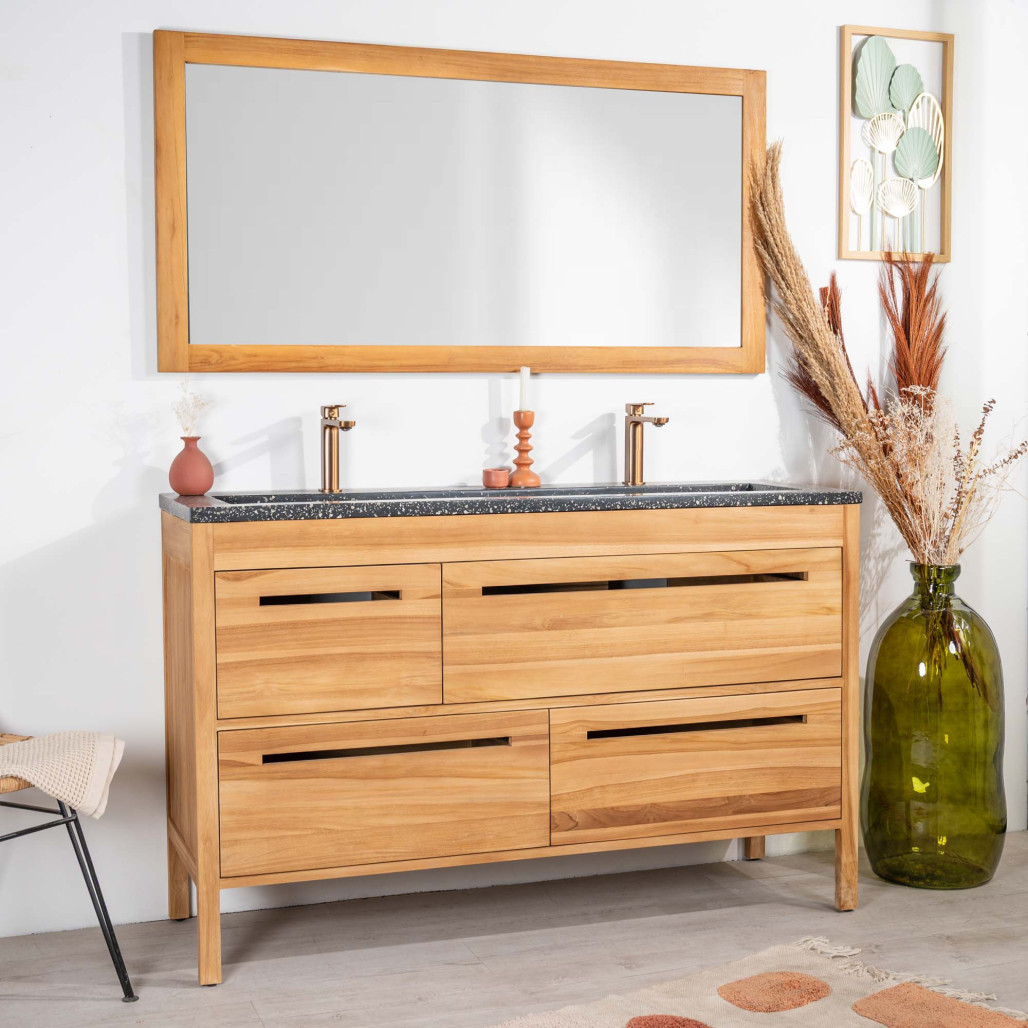 Mueble de baño en teca y terrazo negro Sira 140cm - Wanda collection Mueble de baño en teca y terrazo negro Sira 140cm - Wanda collection