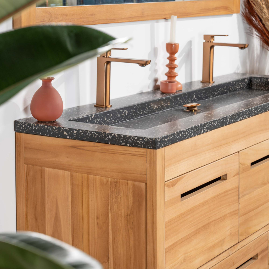 Mueble de baño en teca y terrazo negro Sira 140cm - Wanda collection Mueble de baño en teca y terrazo negro Sira 140cm - Wanda collection