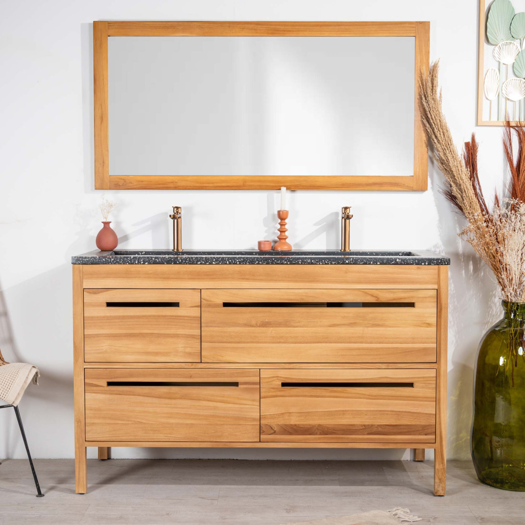 Mueble de baño en teca y terrazo negro Sira 140cm - Wanda collection Mueble de baño en teca y terrazo negro Sira 140cm - Wanda collection