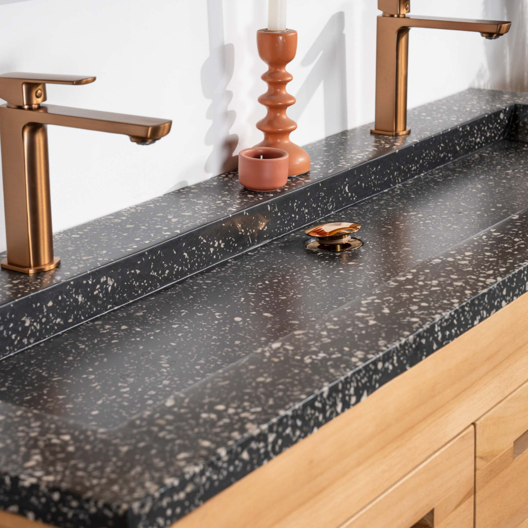 Mueble de baño en teca y terrazo negro Sira 140cm - Wanda collection Mueble de baño en teca y terrazo negro Sira 140cm - Wanda collection