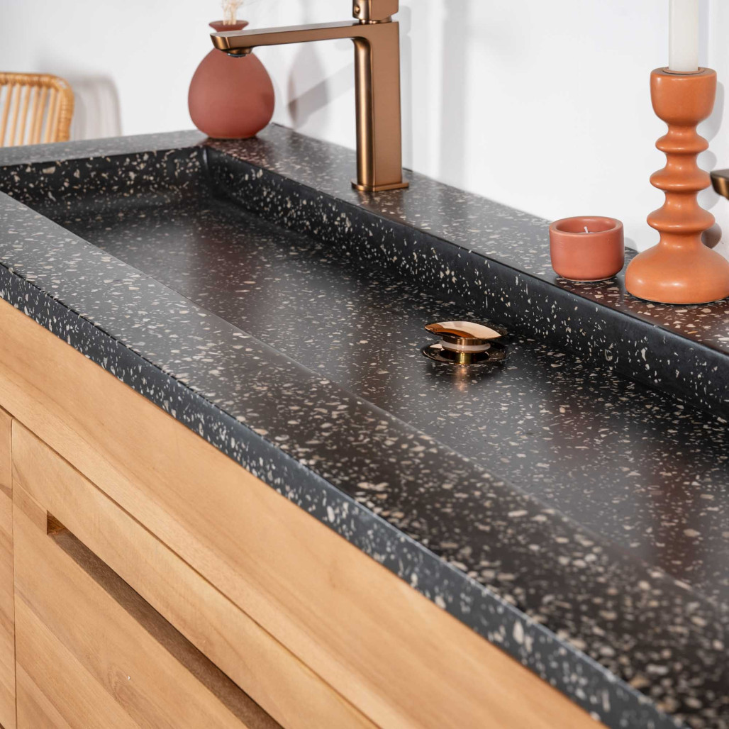 Mueble de baño en teca y terrazo negro Sira 140cm - Wanda collection Mueble de baño en teca y terrazo negro Sira 140cm - Wanda collection