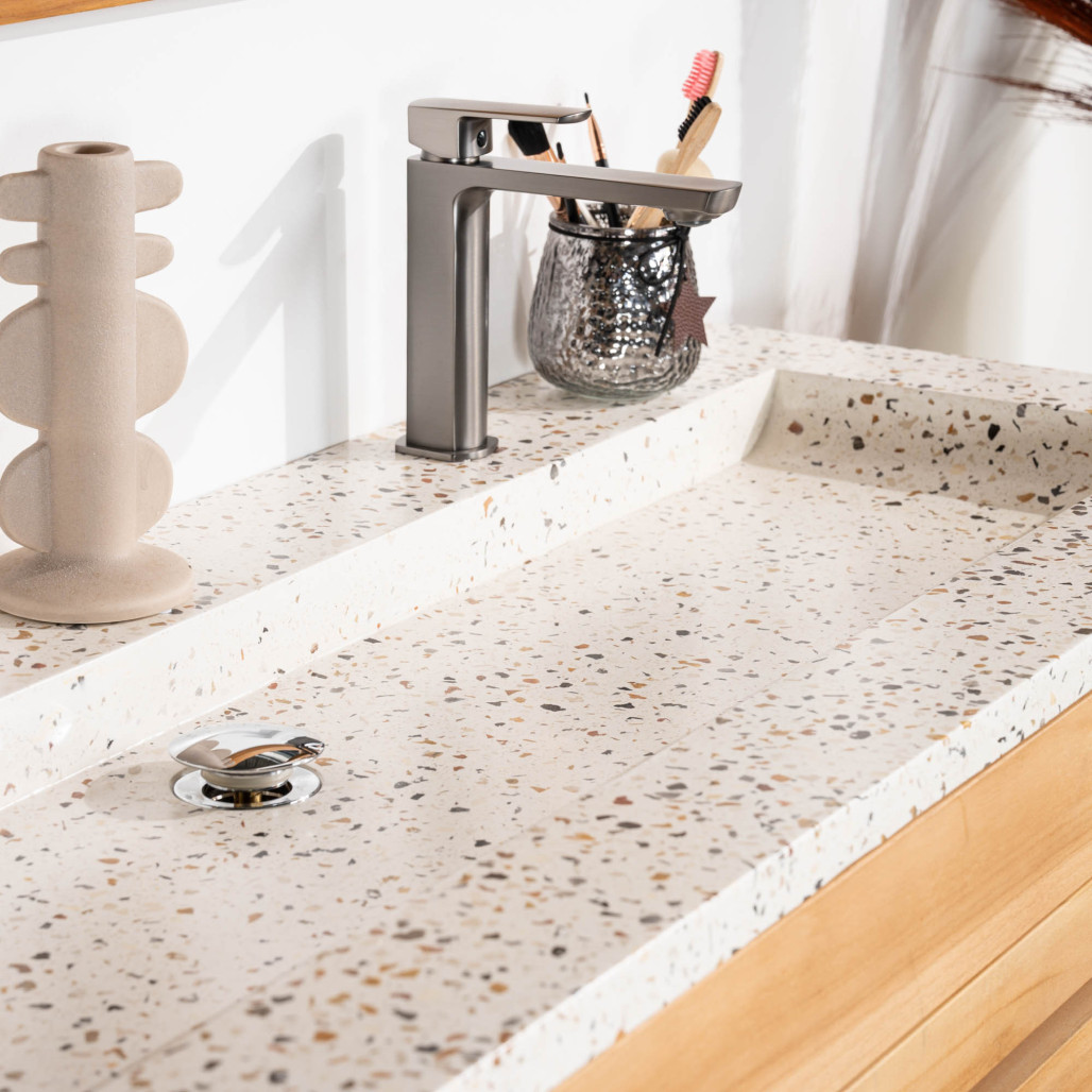 Mueble de baño en teca y terrazo crema Sira 140cm - Wanda collection Mueble de baño en teca y terrazo crema Sira 140cm - Wanda collection