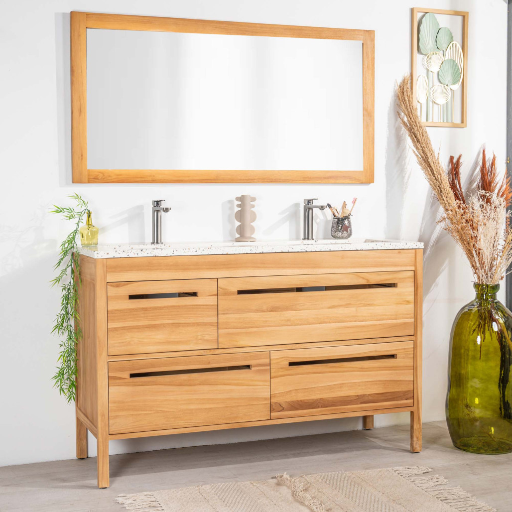 Mueble de baño en teca y terrazo crema Sira 140cm - Wanda collection Mueble de baño en teca y terrazo crema Sira 140cm - Wanda collection