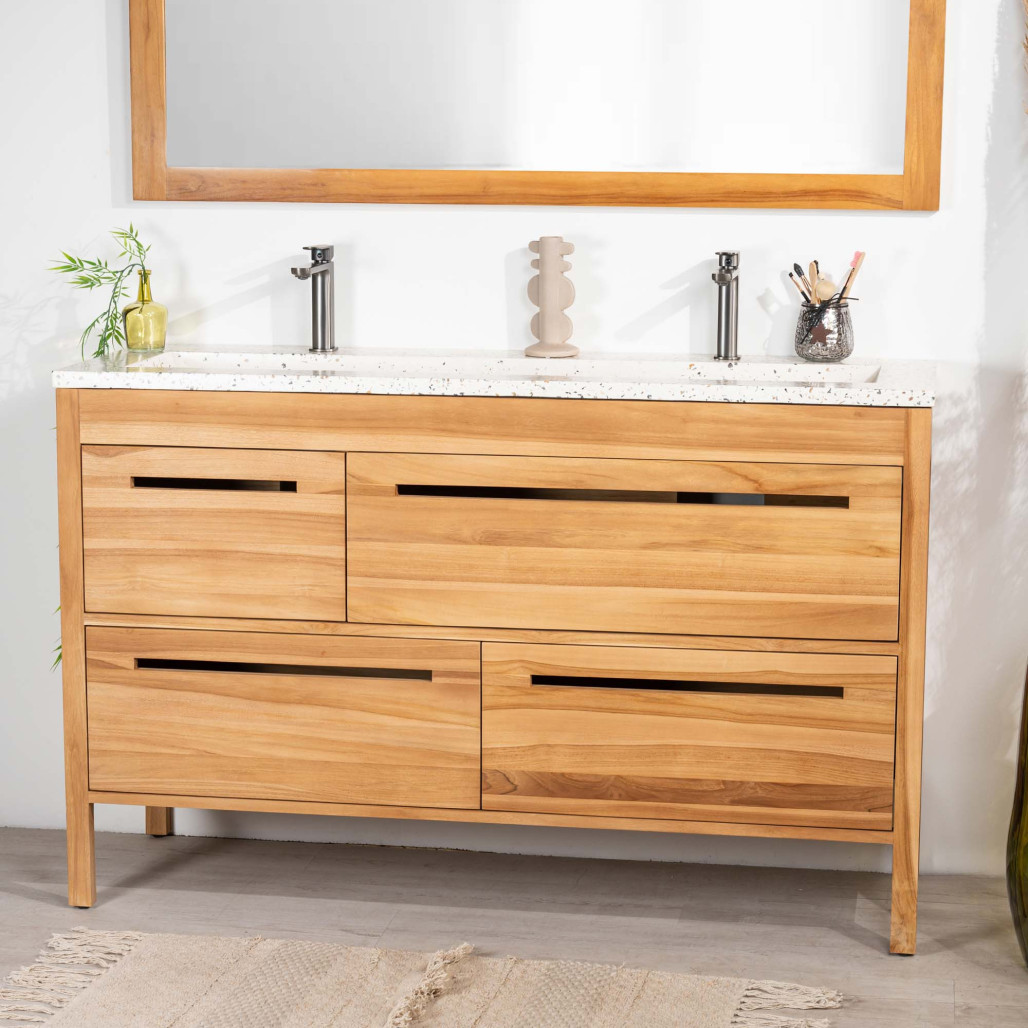 Mueble de baño en teca y terrazo crema Sira 140cm - Wanda collection Mueble de baño en teca y terrazo crema Sira 140cm - Wanda collection