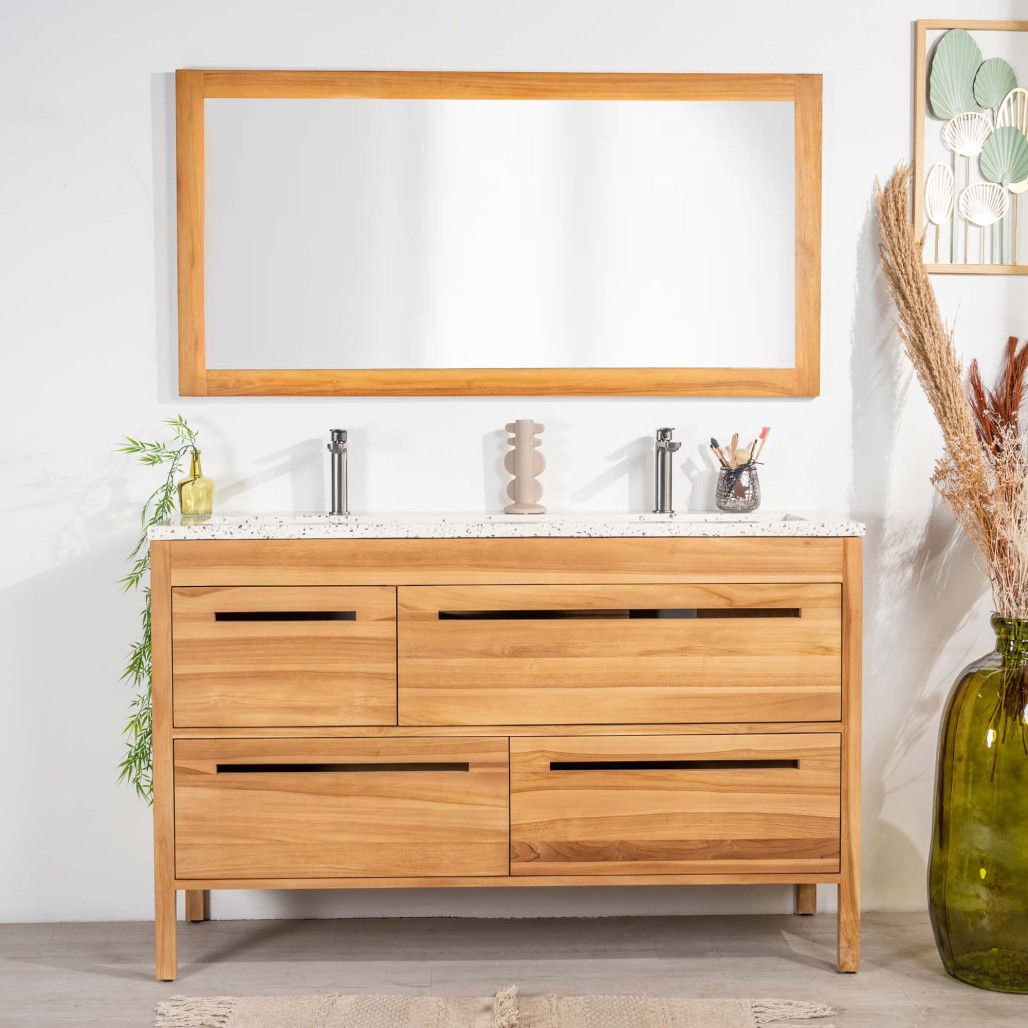 Mueble de baño en teca y terrazo crema Sira 140cm - Wanda collection Mueble de baño en teca y terrazo crema Sira 140cm - Wanda collection