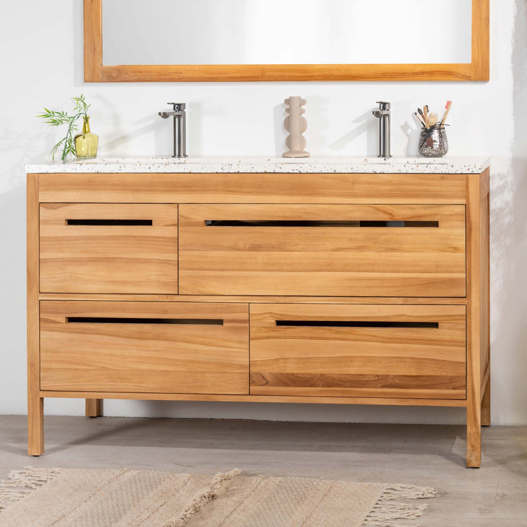 Mueble de baño en teca y terrazo crema Sira 140cm Mueble de baño en teca y terrazo crema Sira 140cm