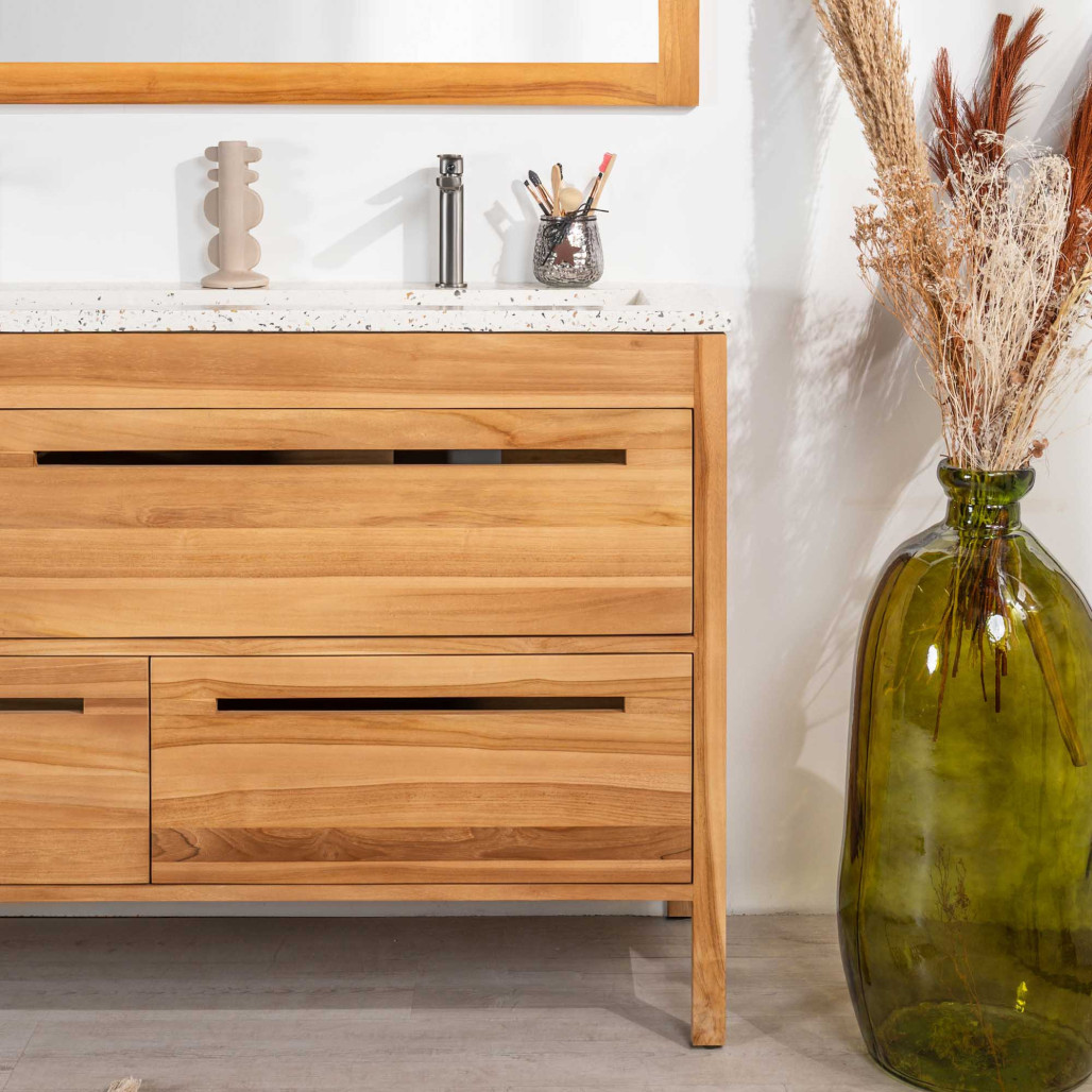 Mueble de baño en teca y terrazo crema Sira 140cm - Wanda collection Mueble de baño en teca y terrazo crema Sira 140cm - Wanda collection