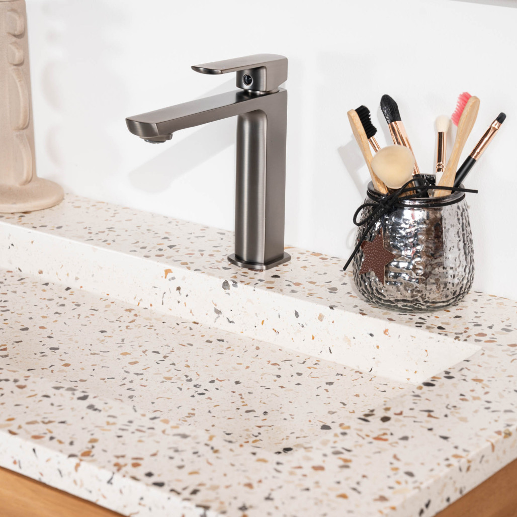 Mueble de baño en teca y terrazo crema Sira 140cm - Wanda collection Mueble de baño en teca y terrazo crema Sira 140cm - Wanda collection