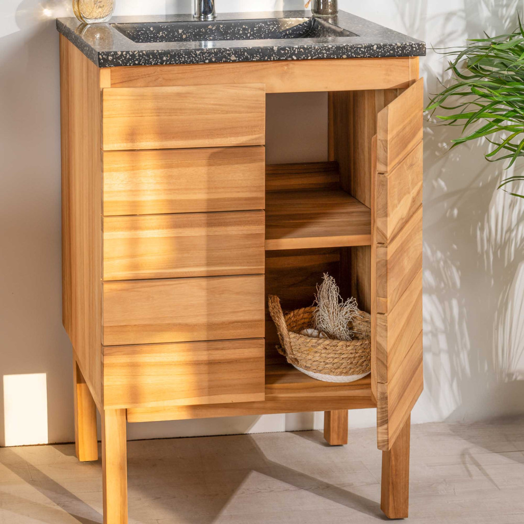 Mueble de baño en teca y terrazo crema Ananta 60cm - Baño - Wanda collection