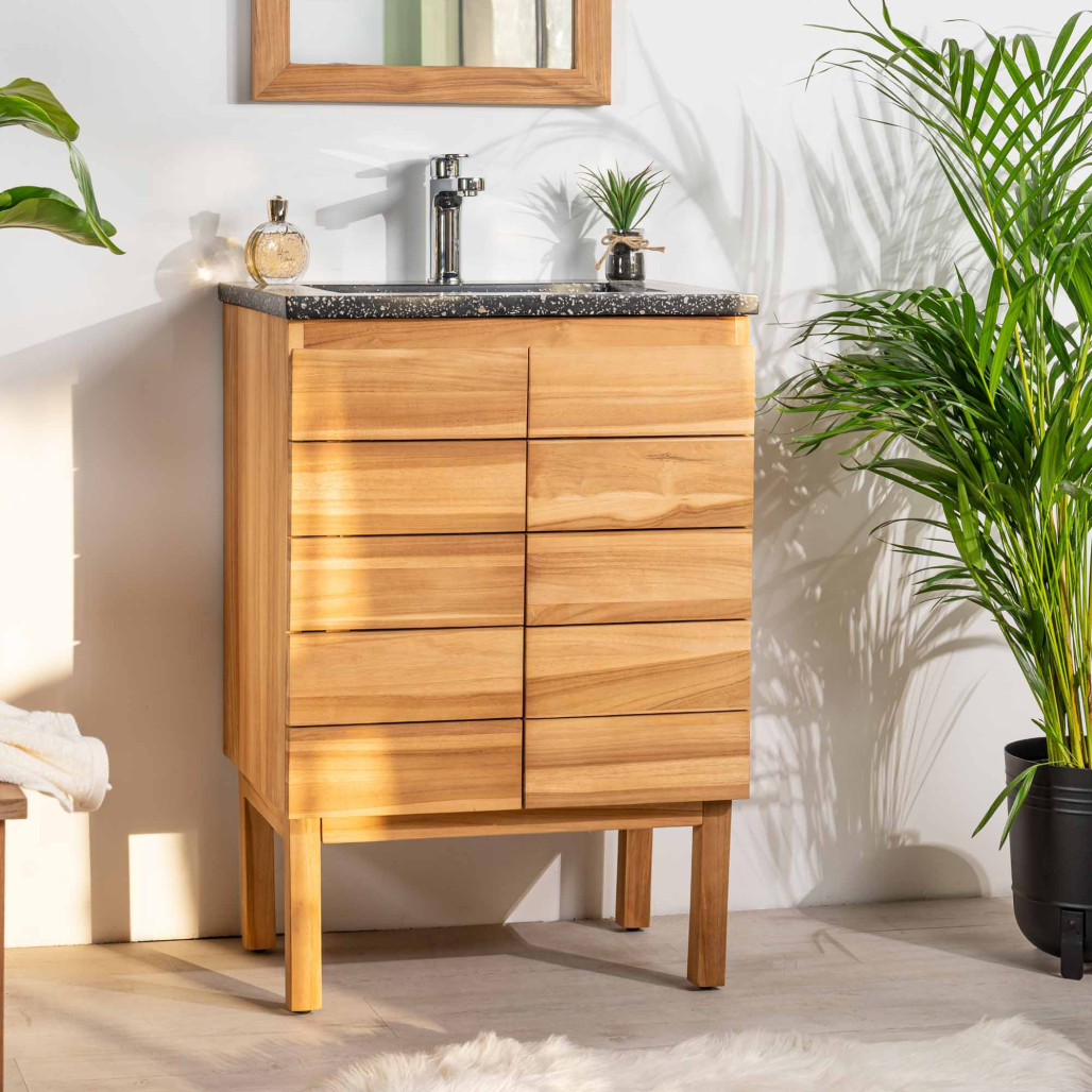 Mueble de baño en teca y terrazo crema Ananta 60cm - Baño - Wanda collection