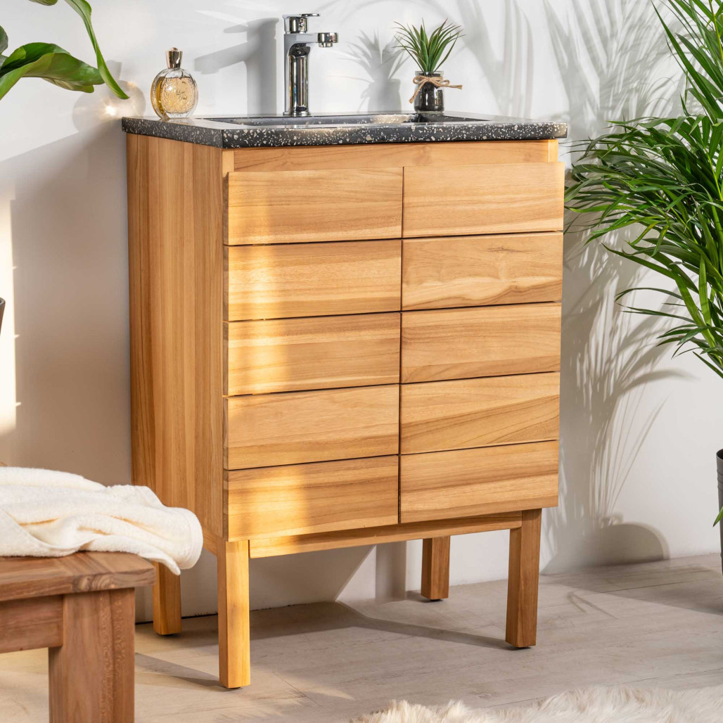 Mueble de baño en teca y terrazo crema Ananta 60cm - Baño - Wanda collection