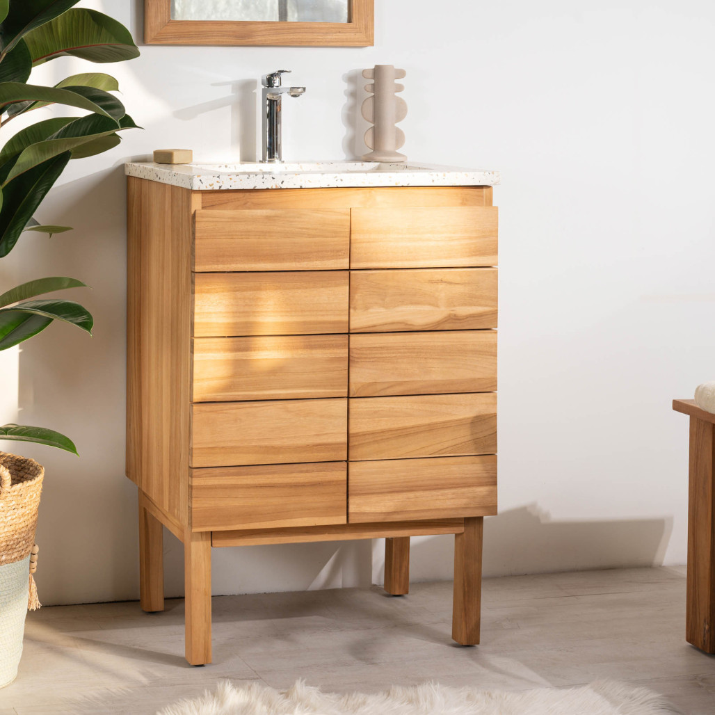 Mueble de baño en teca y terrazo crema Ananta 60cm - Baño - Wanda collection