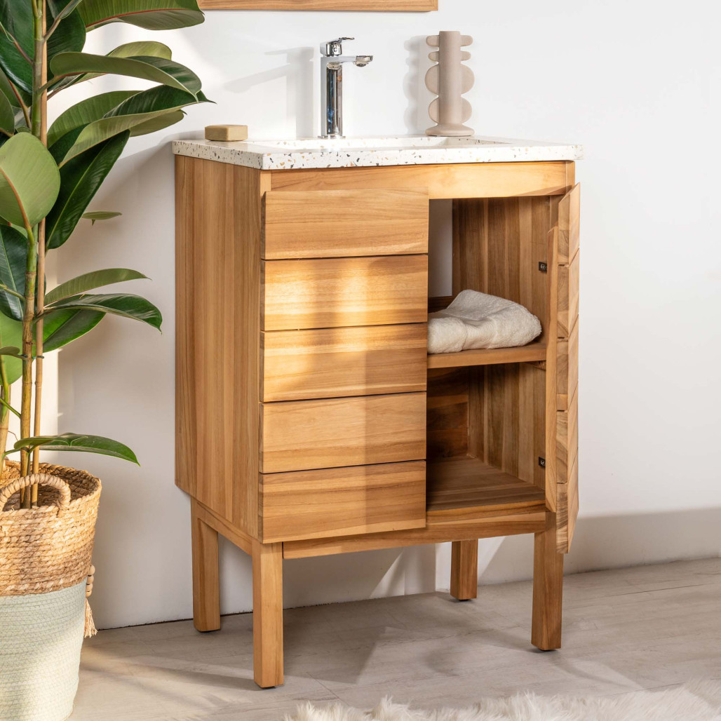 Mueble de baño en teca y terrazo crema Ananta 60cm - Baño - Wanda collection