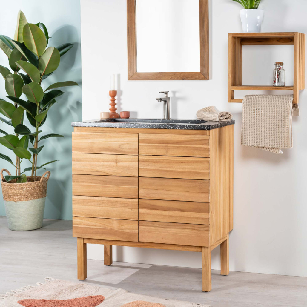 Mueble de baño en teca y terrazo negro Ananta 80cm - Baño - Wanda collection