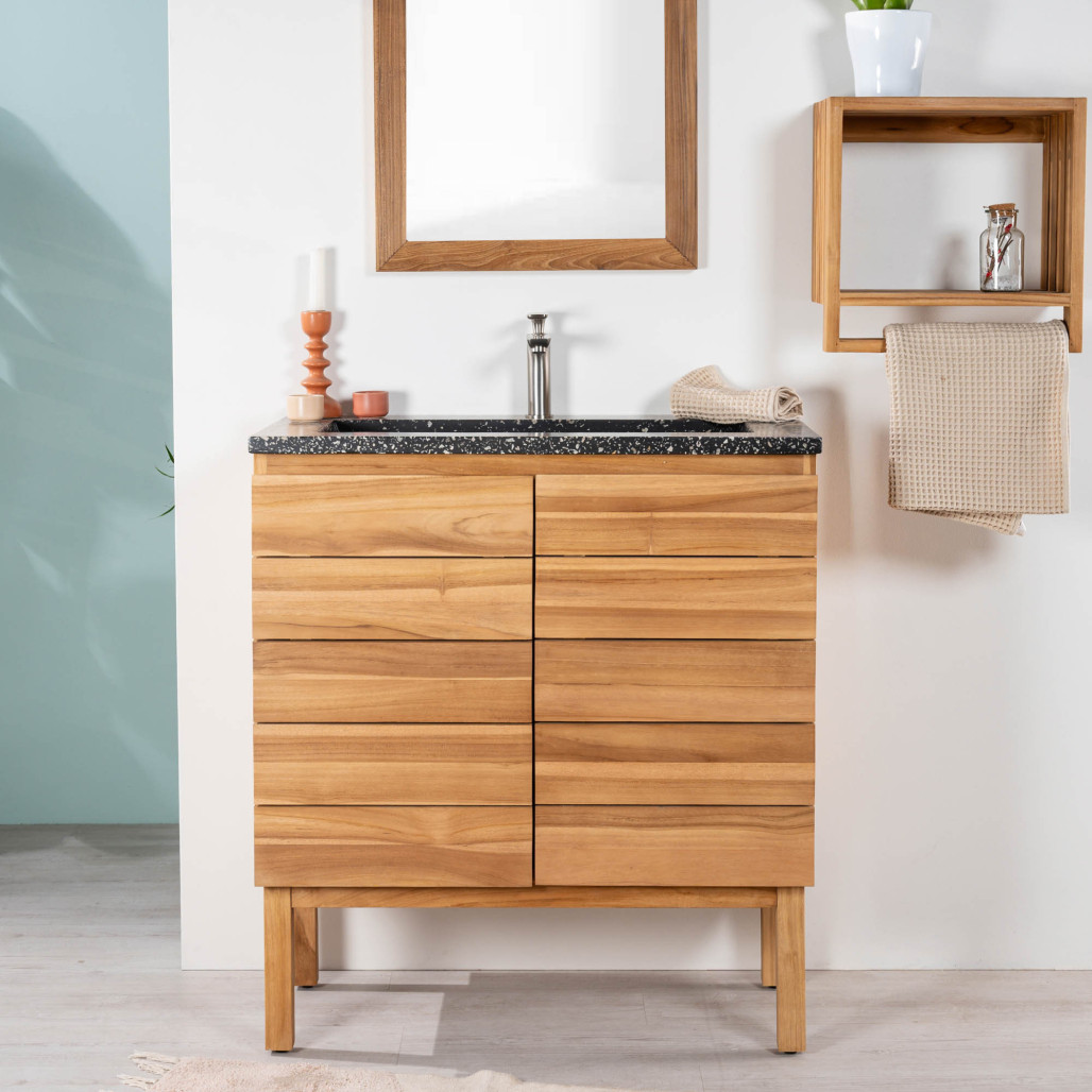 Mueble de baño en teca y terrazo negro Ananta 80cm - Baño - Wanda collection