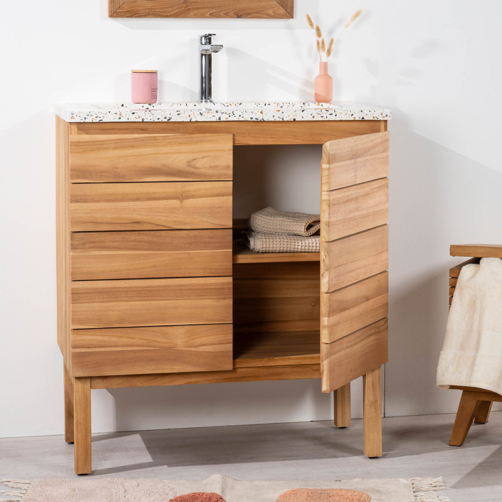 Mueble de baño en teca y terrazo crema Ananta 80cm - Baño - Wanda collection