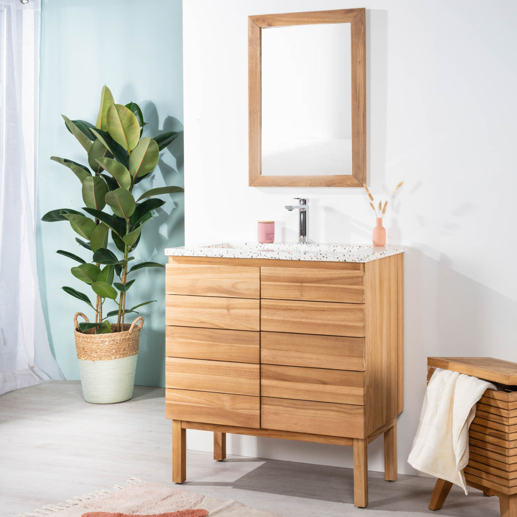 Mueble de baño en teca y terrazo negro Ananta 80cm