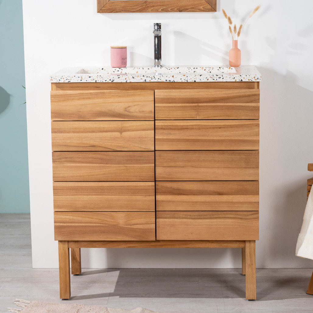 Mueble de baño en teca y terrazo crema Ananta 80cm - Baño - Wanda collection