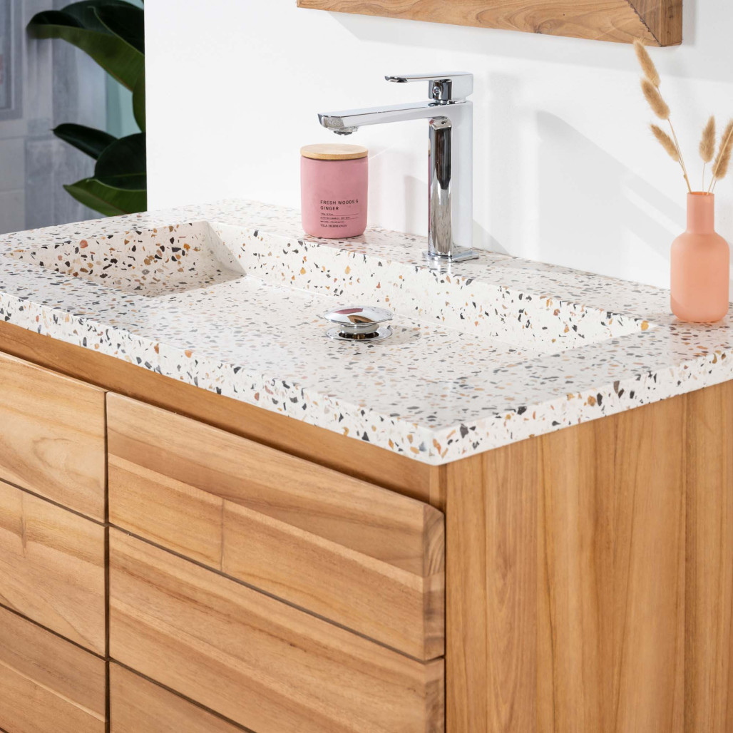 Mueble de baño en teca y terrazo crema Ananta 80cm - Baño - Wanda collection