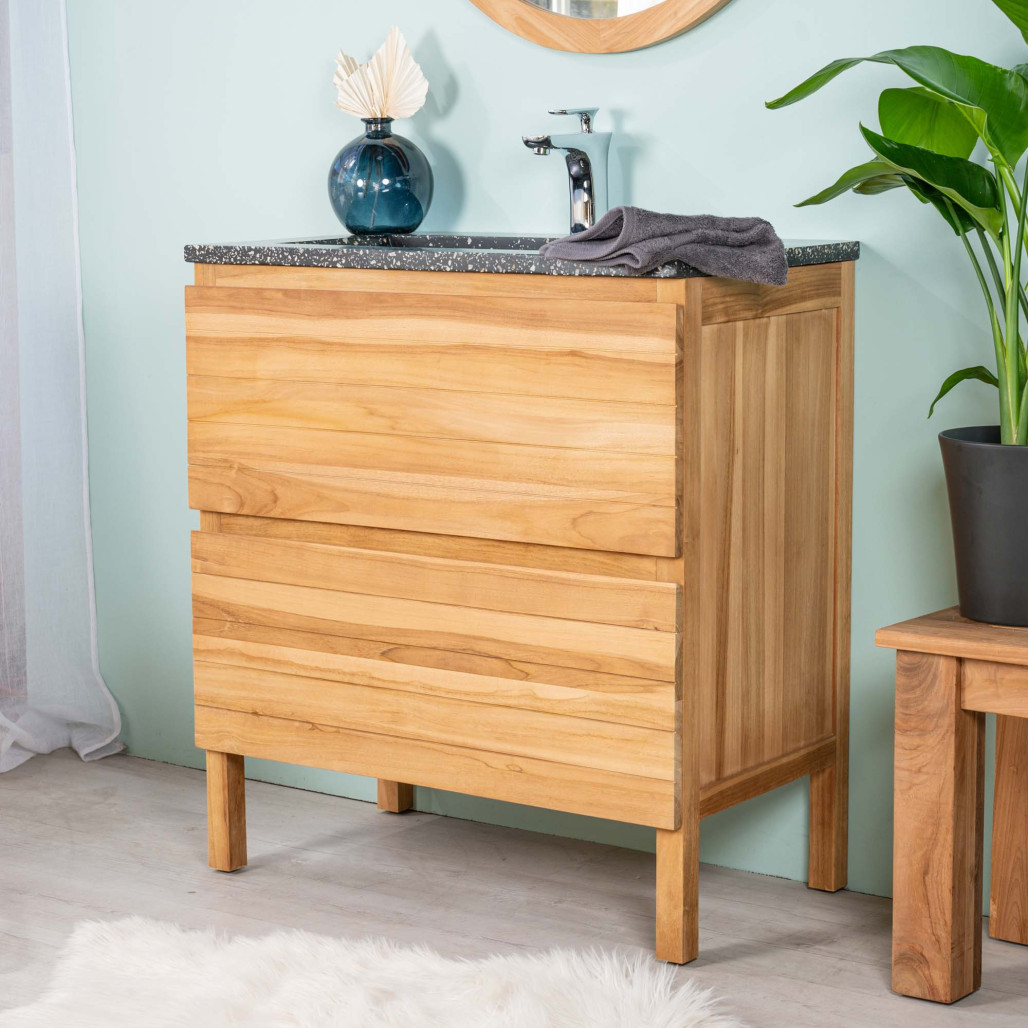 Mueble de baño en teca y terrazo negro Toni 80cm