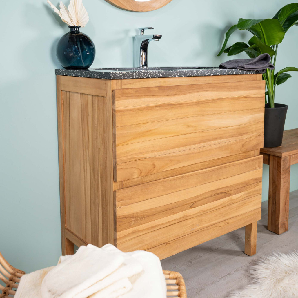 Mueble de baño en teca y terrazo negro Toni 80cm - Wanda collection