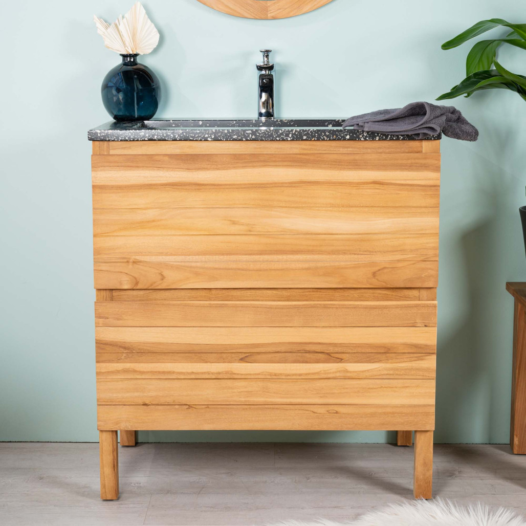 Mueble de baño en teca y terrazo negro Toni 80cm - Wanda collection