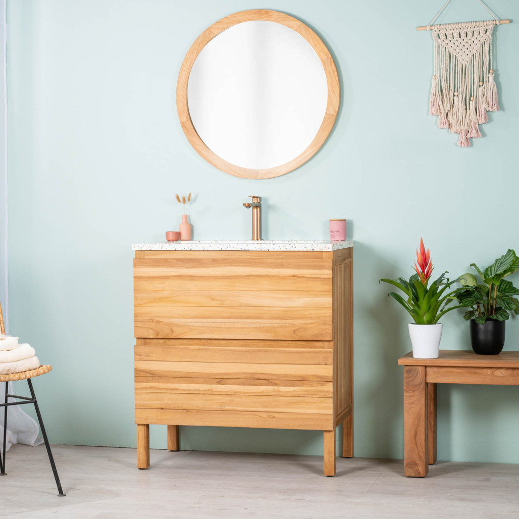 Mueble de baño en teca y terrazo crema Toni 80cm