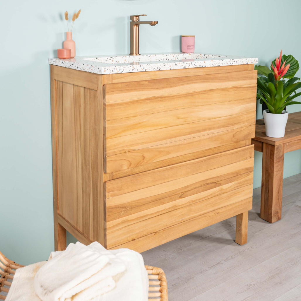 Mueble de baño en teca y terrazo crema Toni 80cm - Wanda collection