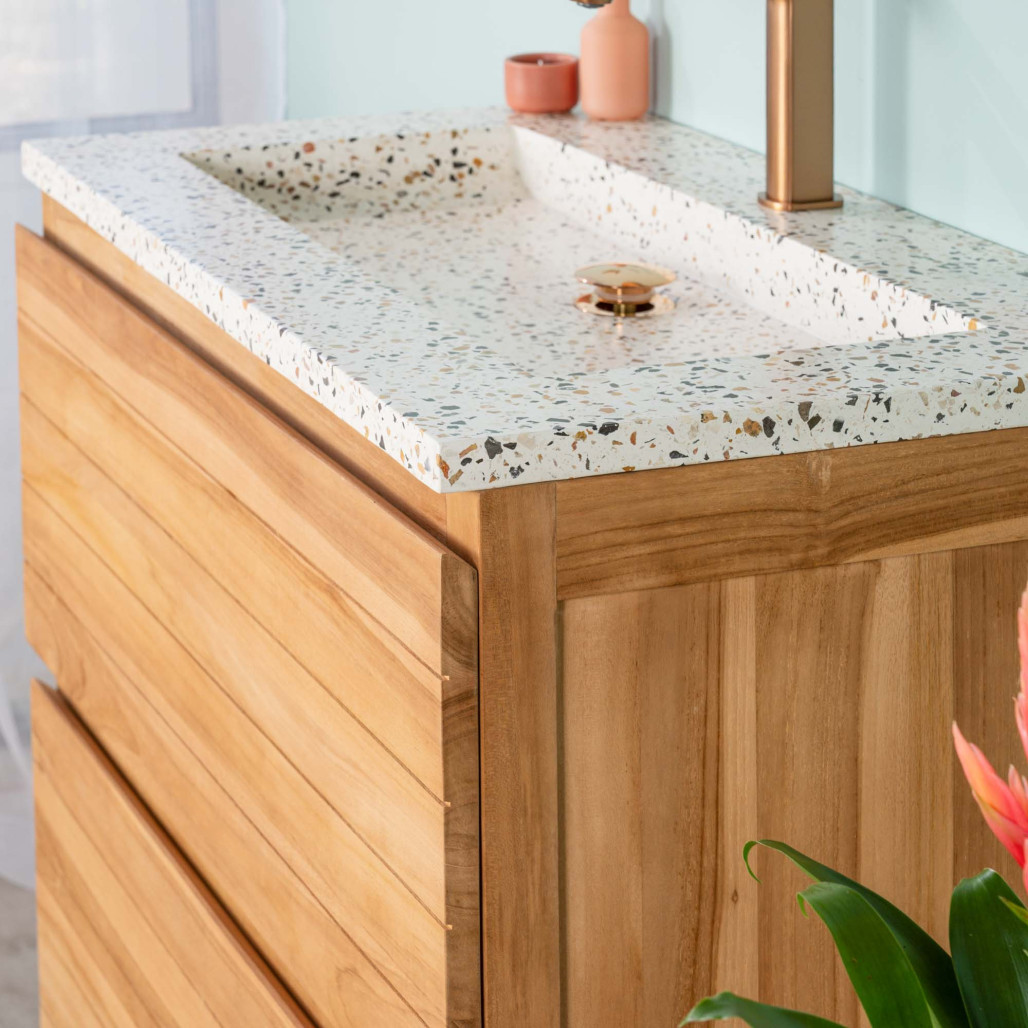 Mueble de baño en teca y terrazo crema Toni 80cm - Wanda collection