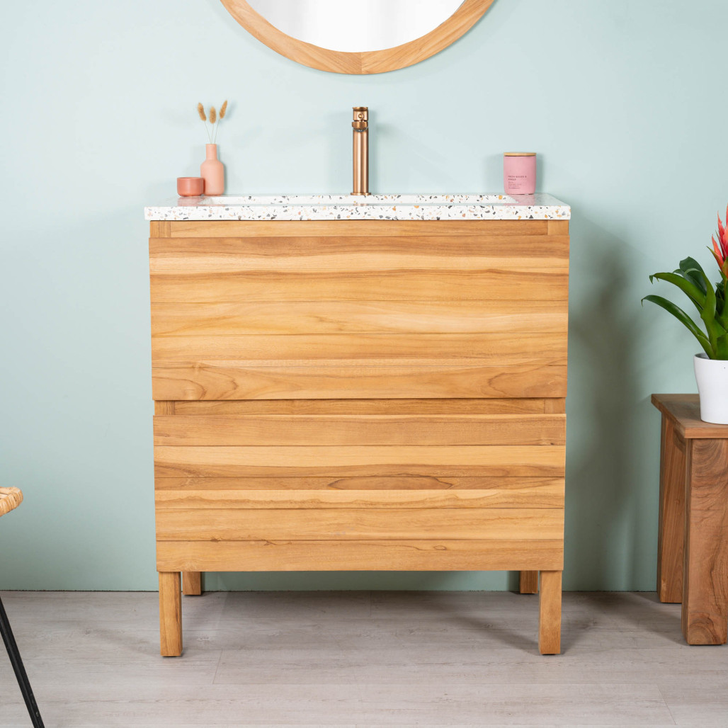 Mueble de baño en teca y terrazo crema Toni 80cm - Wanda collection