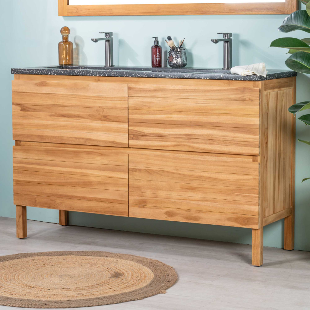 Mueble de baño en teca y terrazo negro Toni 140cm - Wanda collection