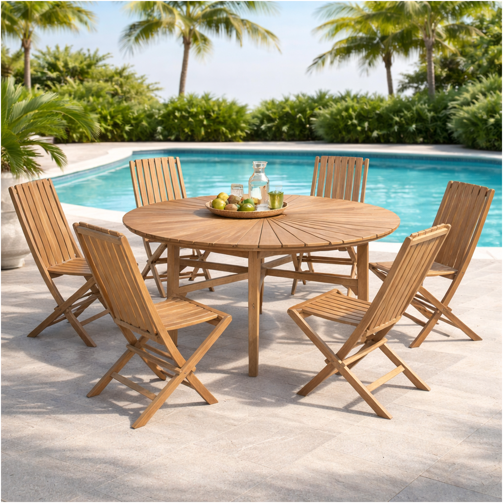 Conjunto de Mesa redonda y sillas plegables de teca para el jardín - Wanda Collection