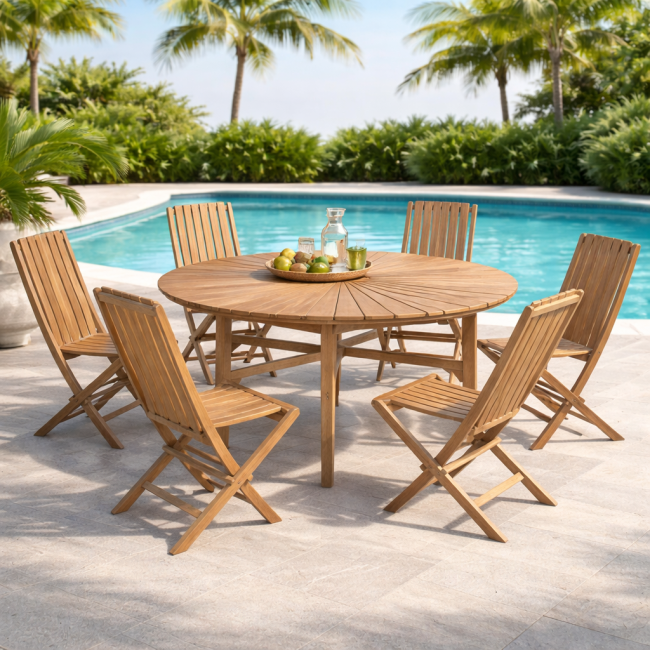 Conjunto de Mesa redonda y sillas plegables de teca para el jardín - Wanda Collection