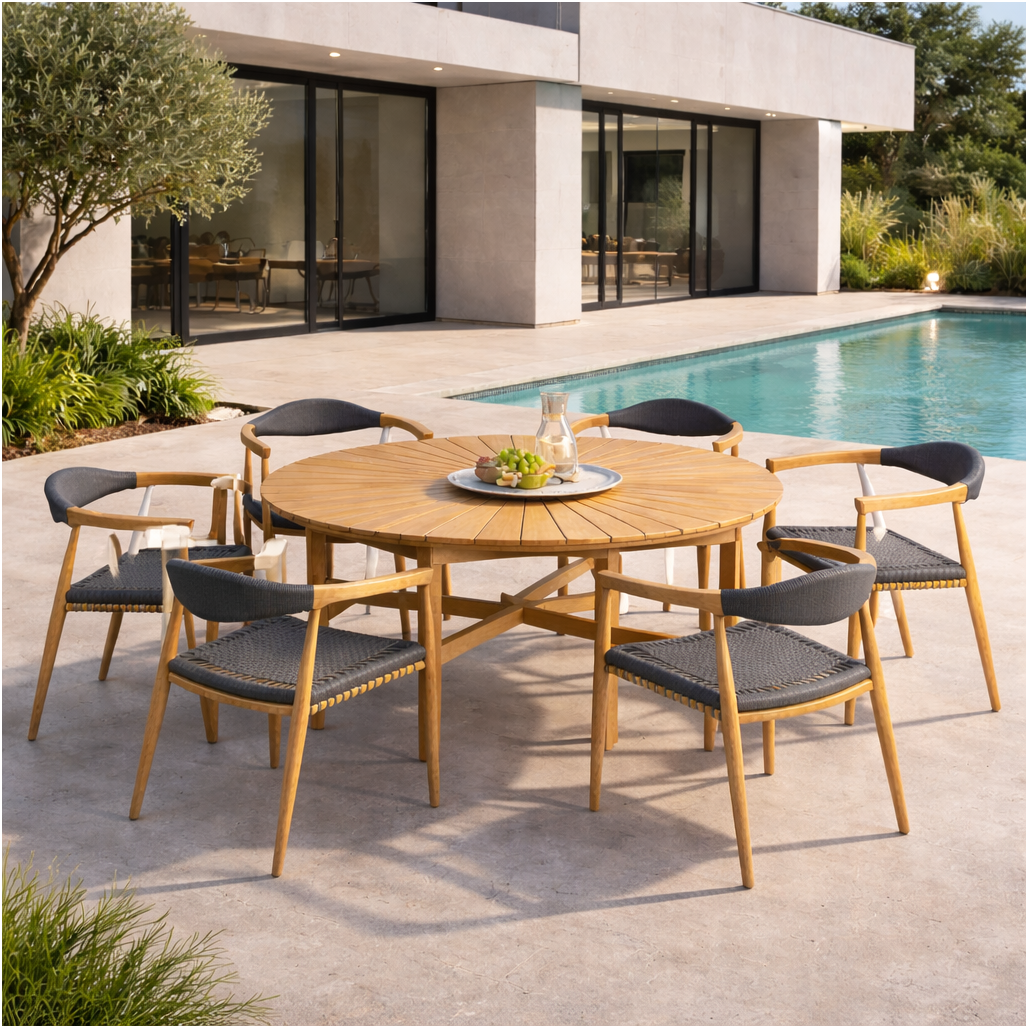 Conjunto mesa redonda de teca y sillones de teca y cuerda - Wanda Collection